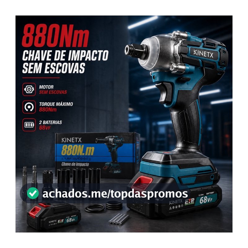 Chave de Impacto a Bateria KINETX 880Nm 68Vf Motor Forte sem Fio com 2 Baterias e Carregador para Rodas Automotivas