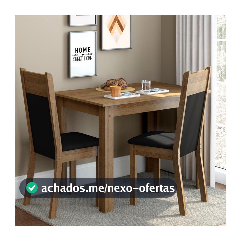 Conjunto Sala de Jantar Madesa Lola Mesa Tampo de Madeira 2 Cadeiras - Rustic/Preto/Sintético Preto