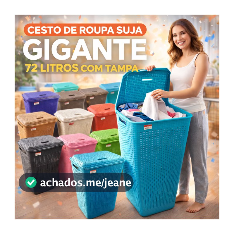 Cesto de Roupa Suja com Tampa 72L Grande Plástico Resistente para Lavanderia Banheiro Família