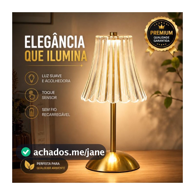 Luminária Decorativa Retrô Dourada LED Touch Sem Fio Recarregável 3 Luzes Quente Fria Neutra