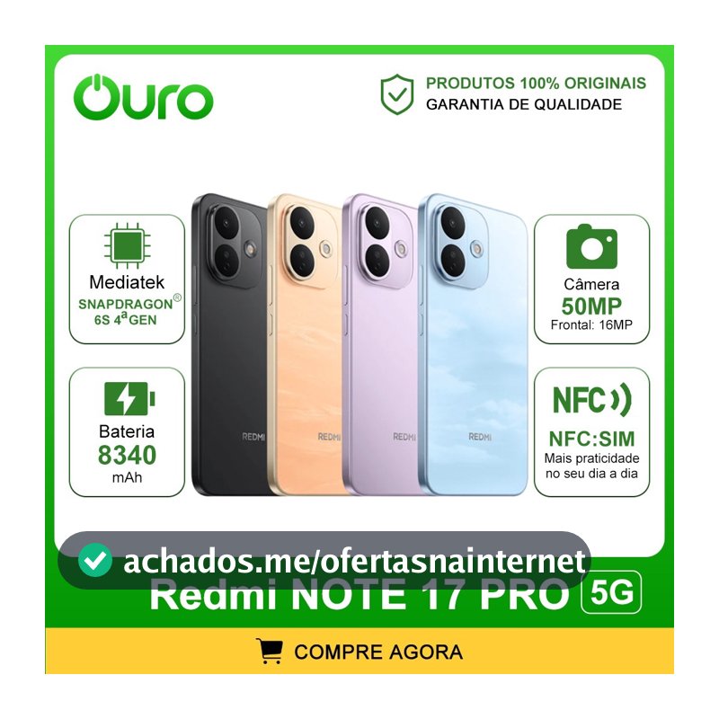 Xiaomi Redmi  Note 17 PRO 5G, Bateria 8340mAh, Versão Global, Snapdragon® 6s de 4ª gen,  128-512GB + 6-8GB RAM