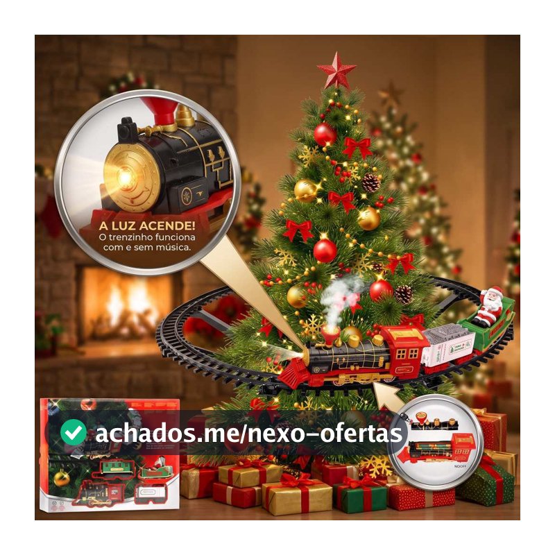 Trem de Natal Elétrico Locomotiva com Luz e Som para Árvore Trilho Circular 89cm Decoração Natalina
