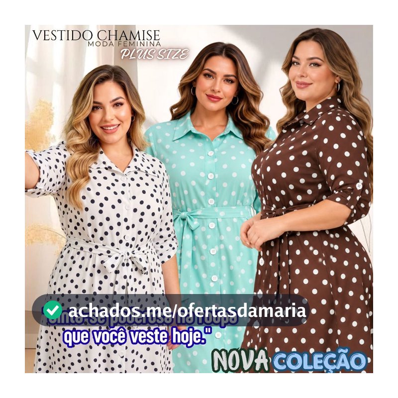 Vestido Chamise Plus Size Feminino Estampa Poá Manga 3/4 com Cintura e Botões