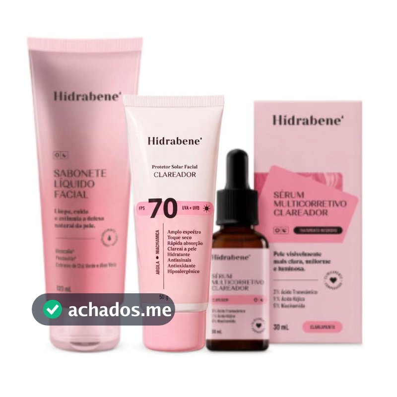 Kit Hidrabene Clareador Skincare Clareador Facial: Sabonete, Protetor 70 FPS e Sérum Multicorretivo