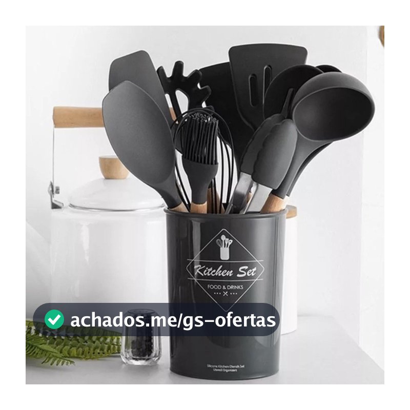 de Jogo Cozinha Kit C/12 Peças de Silicone, Utensílios e Copo Suporte para Cozinha Cabo de Madeira
