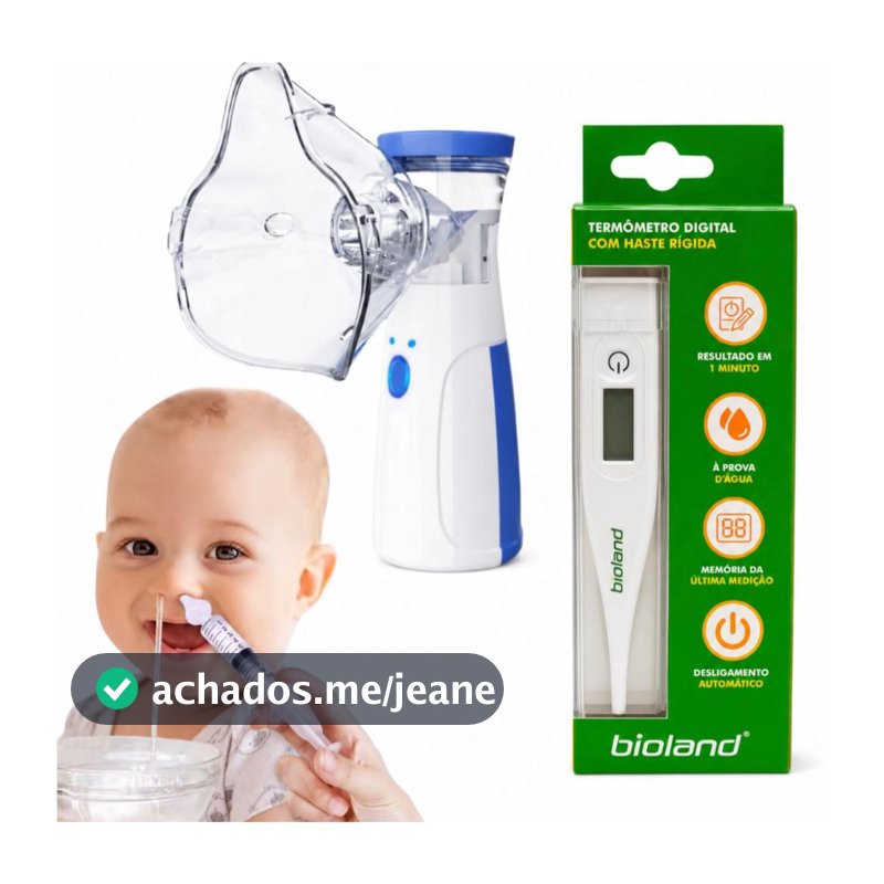 Kit Nebulizador inalador mesh + Termômetro digital bioland + 2 Seringas Lavagem Nasal