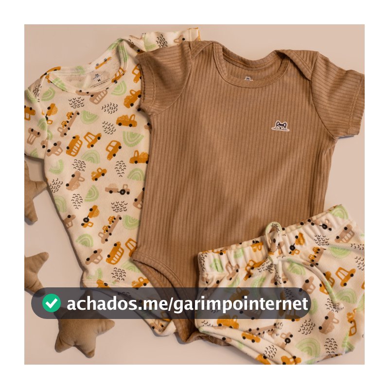 Conjunto Body Manga Curta Tapa Fralda Bebe Kit 3 Peça Infantil  Menino Menina Liso Estampado