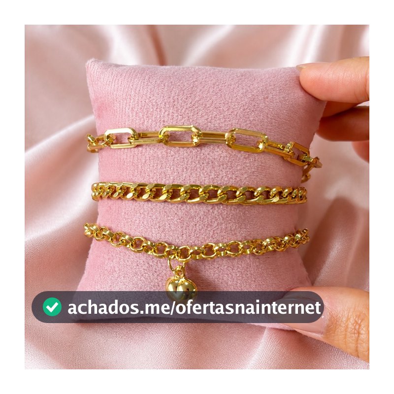 Kit Conjunto 3 Pulseiras Femininas Berloque Coração Folheado A Ouro