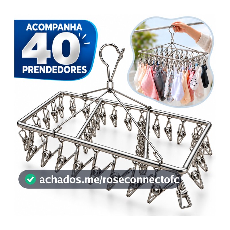 Varal 40 Prendedores Inox Meias Calcinha Roupa Íntimas Bebê Resistente Gancho Trava Peças Delicadas