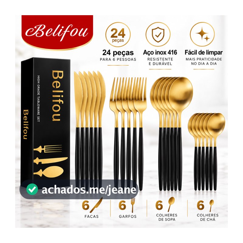 Belifou Kit 24 Jogo De Talheres Aço Inoxidável Preto Dourado