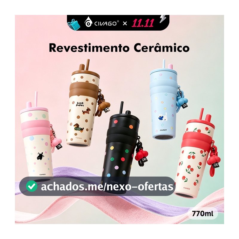 CIVAGO Fashion Garrafa Térmica Inox 770ml Revestimento Cerâmico com Canudo e Tampa Antivazamento Quente/Frio com Pingent