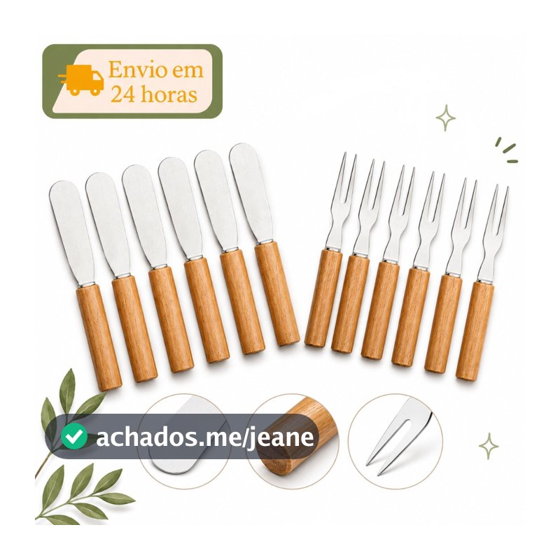 Garfinhos e Espátulas para petiscos e aperitivos aço inox e cabo de madeira frios queijos churrasco
