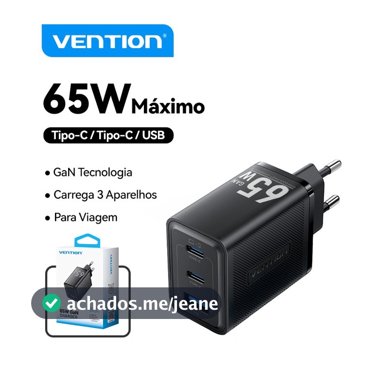 Vention Charger GaN 65W PD PPS 3 Saídas USB Dual C E A Para Notebook Celular Rápido