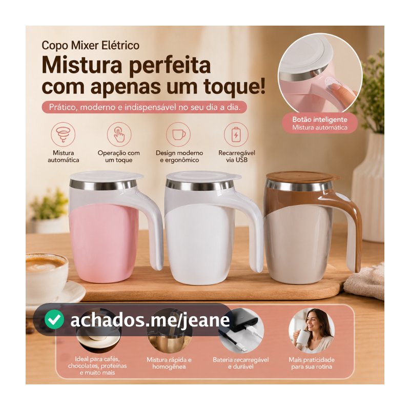 Caneca Misturadora Automática USB Recarregável 380ml para Café e Bebidas