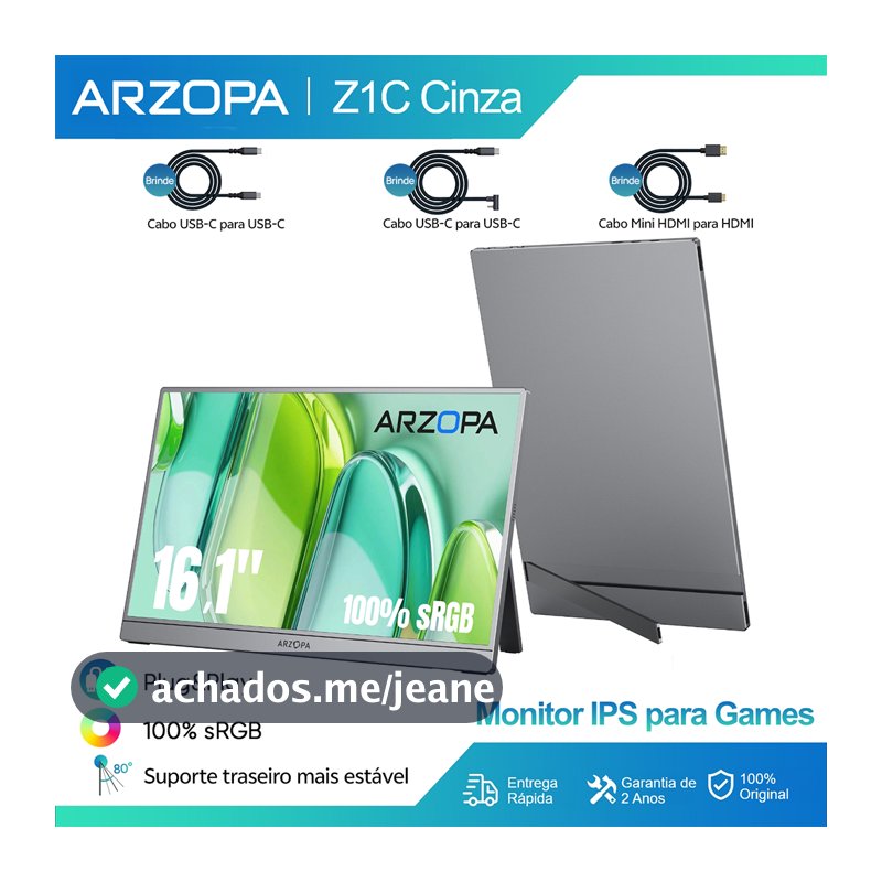 Arzopa Z1C Cinza-Monitor Portátil Com Suporte 100 % sRGB De 16.1 " , 1080P FHD Tela De Extensão De USB C HDMI Para PC