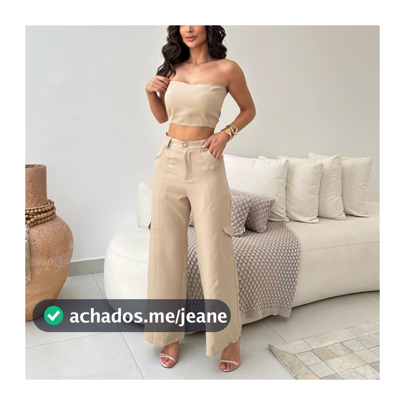 Conjunto Alfaiataria Calça Cargo com Bolso Lateral e Top sem Alça Coleção Primavera Verão