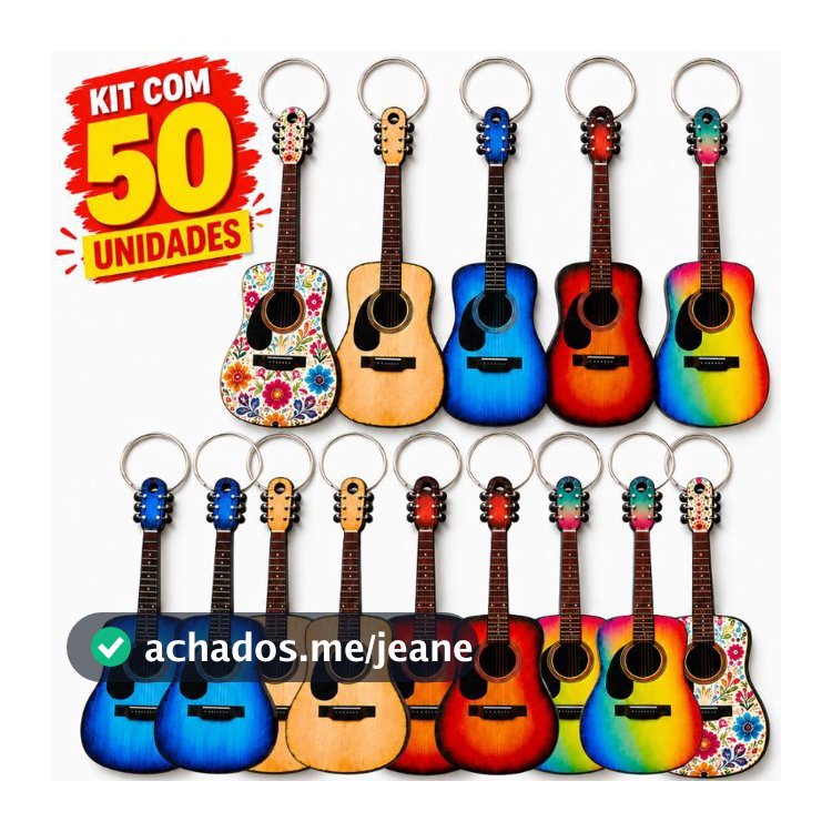 Kit 50 Chaveiros De Violão MDF Colorido 6mm com Argola Instrumento Musical Lembrancinha Decoração