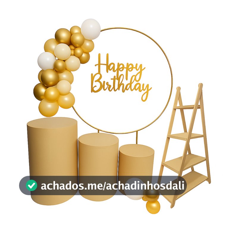 Kit  Arco Redondo Dourado Desmontavel + Trio Cilindro Mdf Aniversário Bolo Casamento Decoração Festa