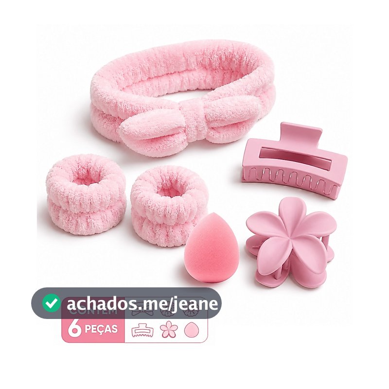 Kit 6 Peças Acessórios de Skincare Feminino Maquiagem Tiara Faixa de Pulso Presilha de Flor