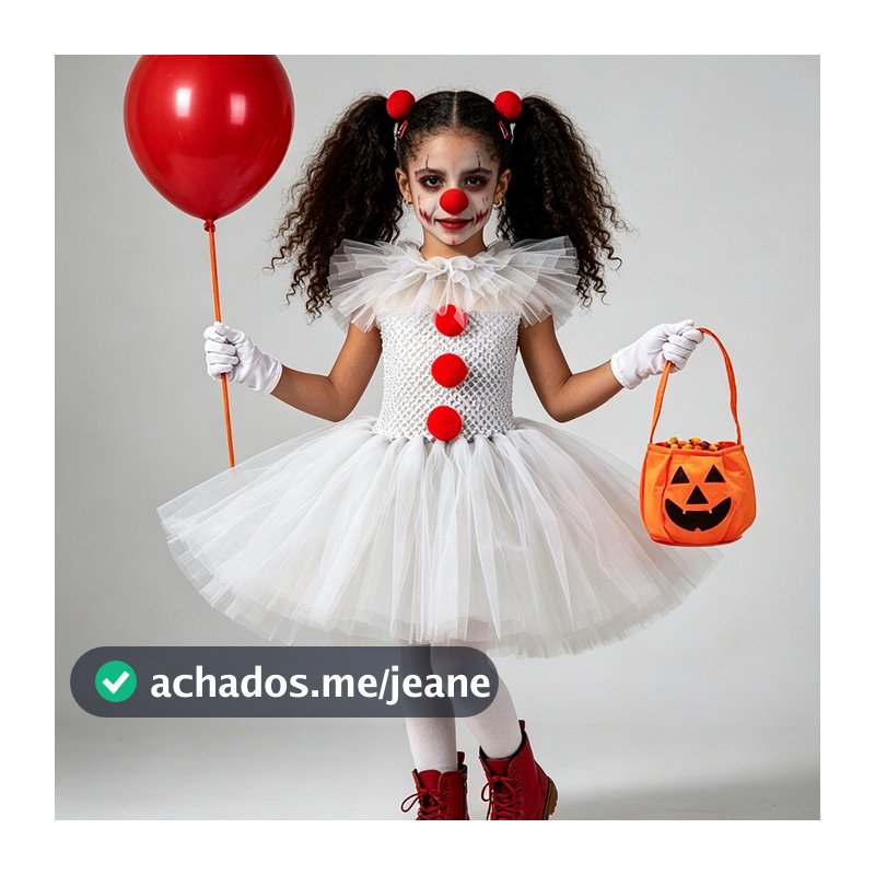 Fantasia Menina Palhaço Assustador Pennywise Vestido Tutu Branco Halloween Cosplay Festa Carnaval 2-12 Anos