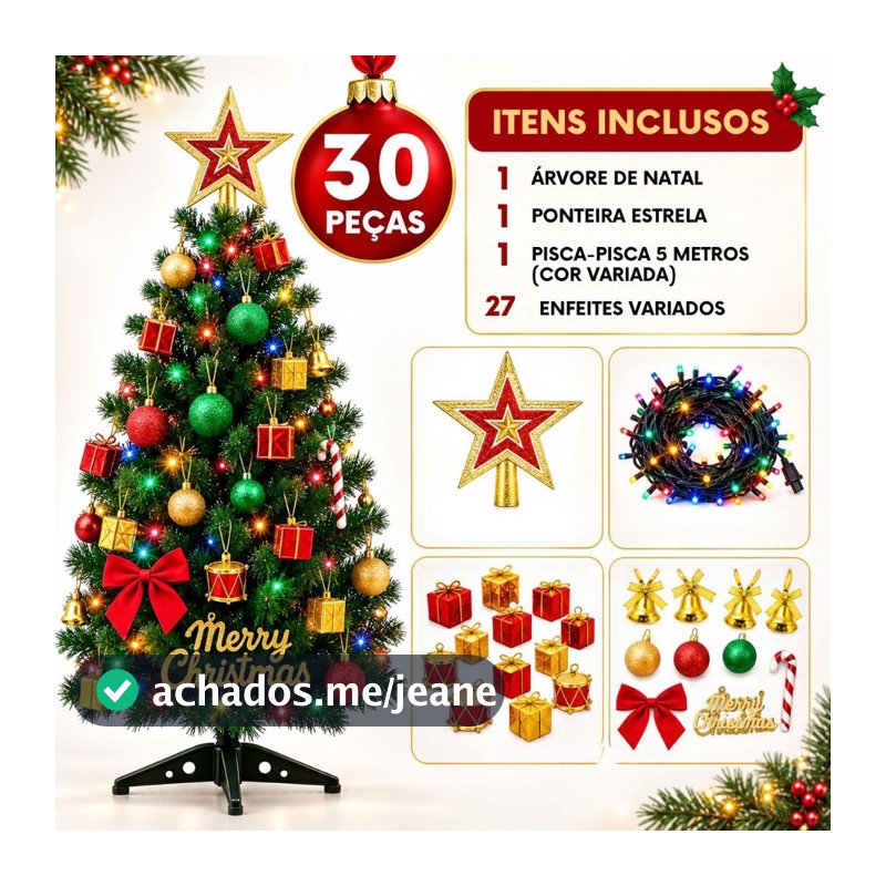 Árvore de Natal Decorada 60 90 ou 120cm Completa com Pisca Pisca Ponteira e 27 Enfeites Variado