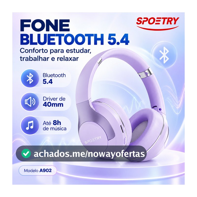 Fone De Ouvido Bluetooth 5.4 SPOETRY Com Cancelamento De Ruído Confortável Para Estudo Home Office E Trabalho