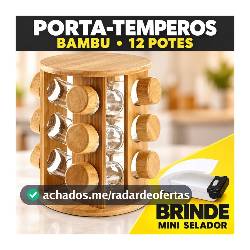 Porta Tempero em Bambu Giratório 12 Potes Condimentos Bambu luxo