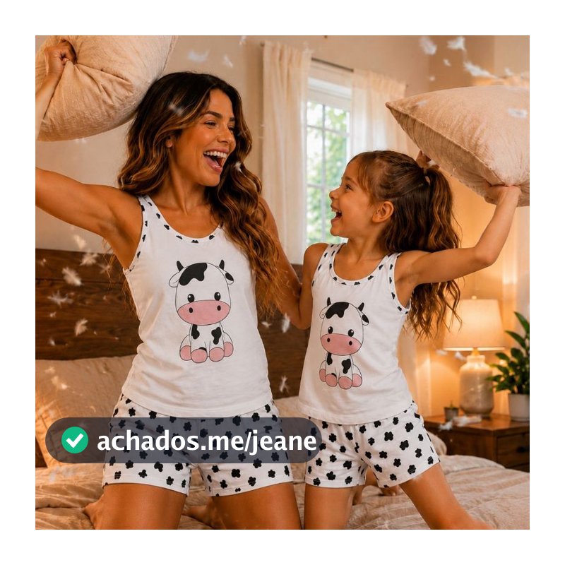 Pijama Short Doll Feminino Tal Mãe Tal Filha Baby Doll Regata Vaquinha Preta Verão
