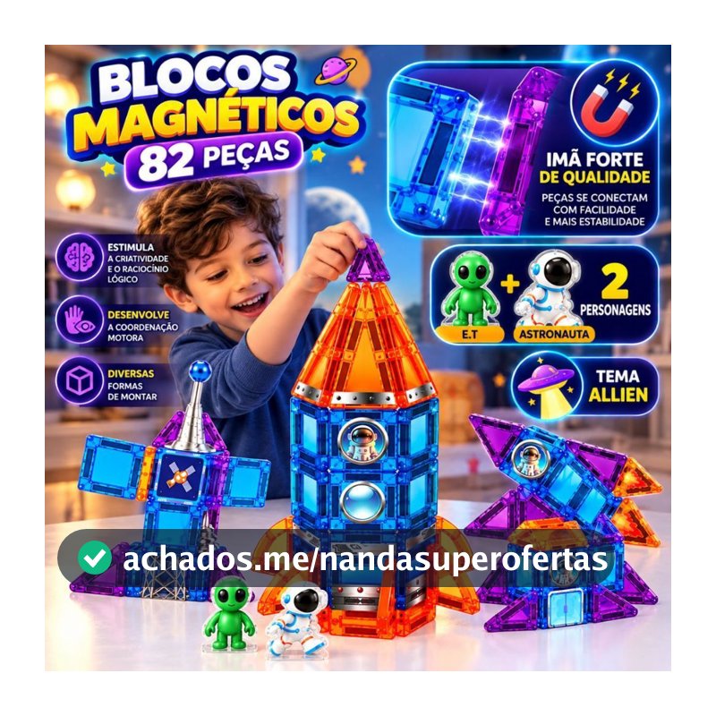 Kit Blocos Magnéticos Geométricos 36 Á 82 Peças Astronauta Brinquedo Educativo Infantil De Montar
