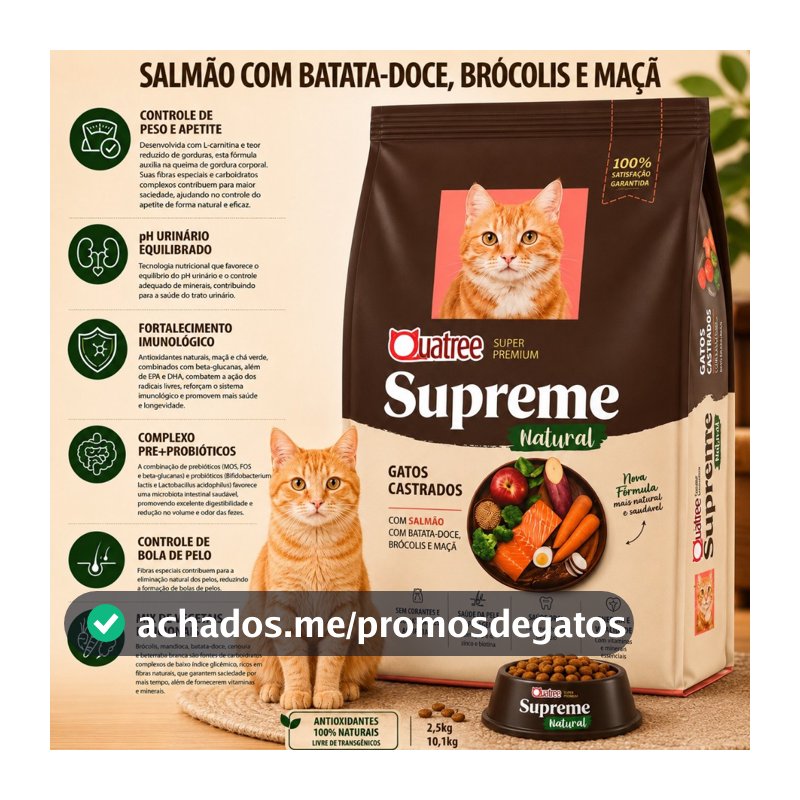 Ração Quatree Supreme Gatos Castrados 10kg Salmão Batata Doce Super Premium
