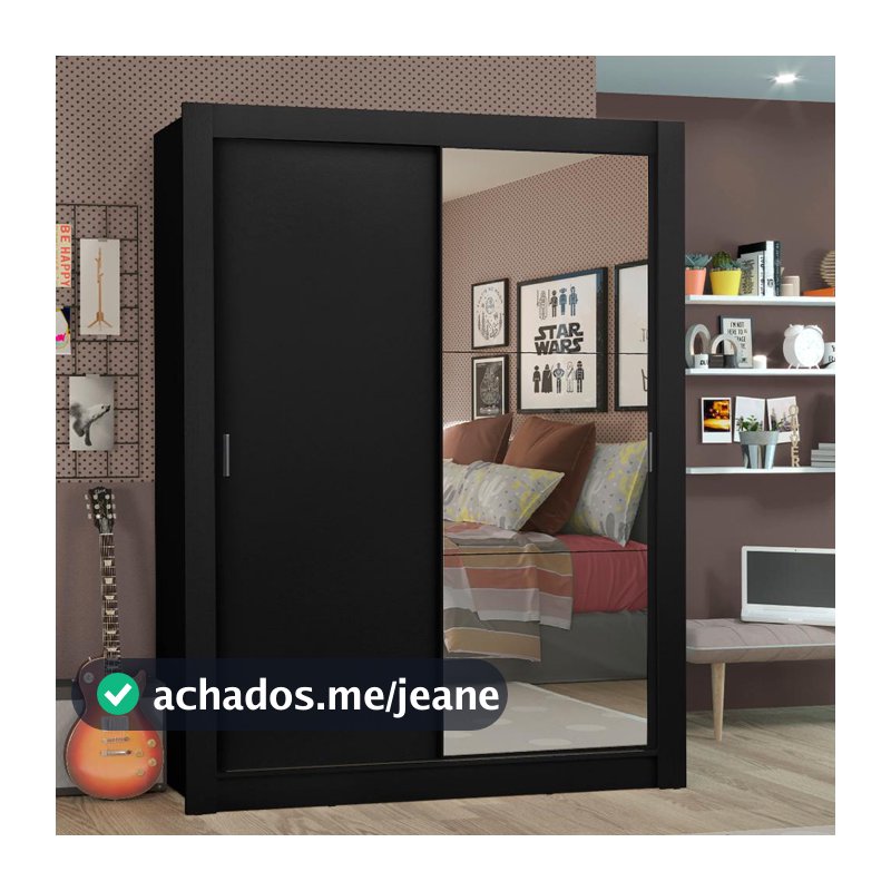 Guarda Roupa Solteiro 2 Portas de Correr com Espelho Preto Madesa Denver