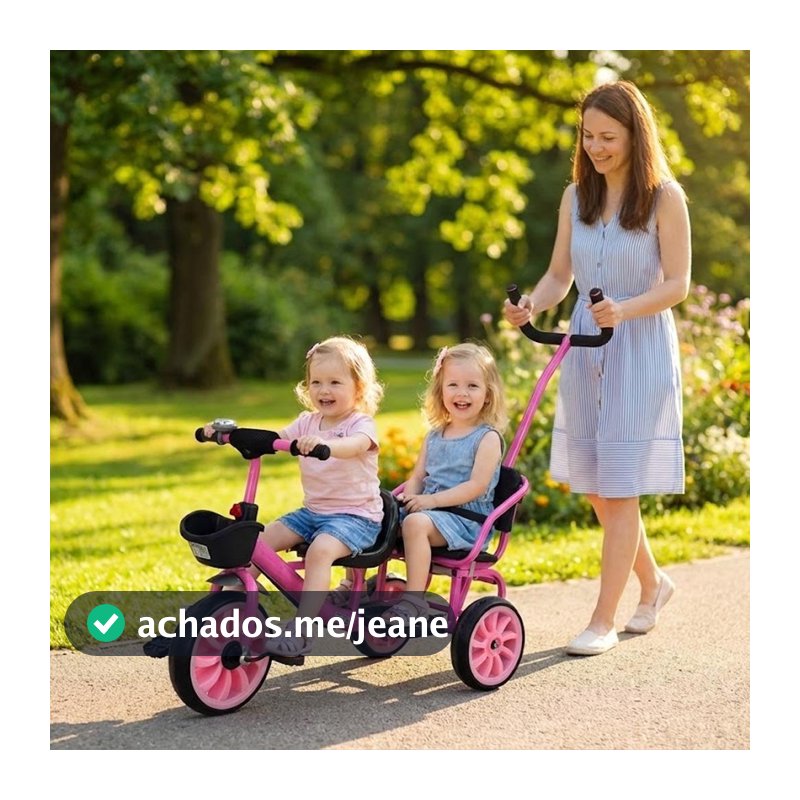Triciclo Duplo Infantil 2 Lugares Empurrador Carrinho Bicicleta Passeio Cesto Campainha Haste Guia