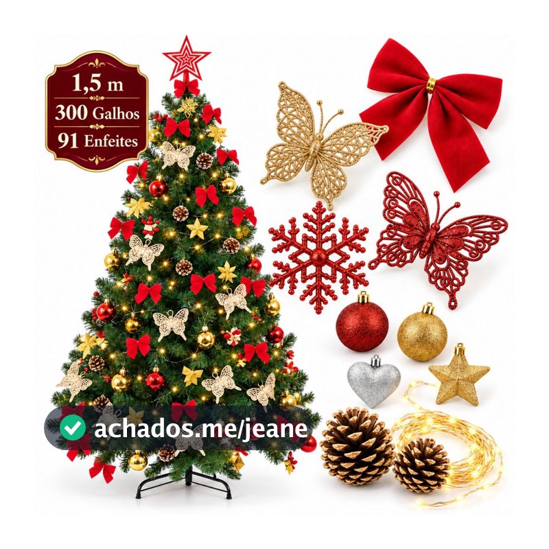kit Árvore de Natal 1,5m Cheia Decorada 300 Galhos Verde Pé de Ferro 150cm Premium Pisca Led Laço Quente
