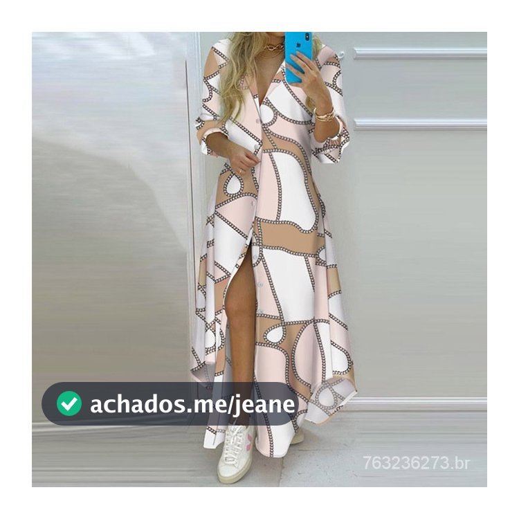 Vestido Longo Feminino Com Botão Solto Estampado Vestido Camisa Feminino