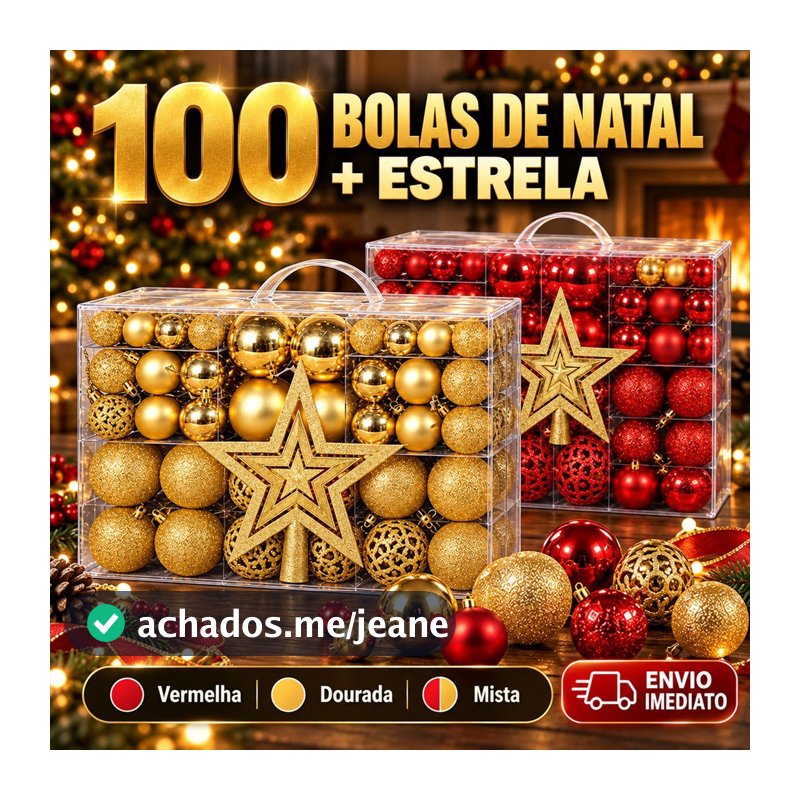 Kit 100 Bolas Natal + Estrela Decoração Enfeite Árvore Fosca Glitter Lisa Vermelha Dourada Natalina