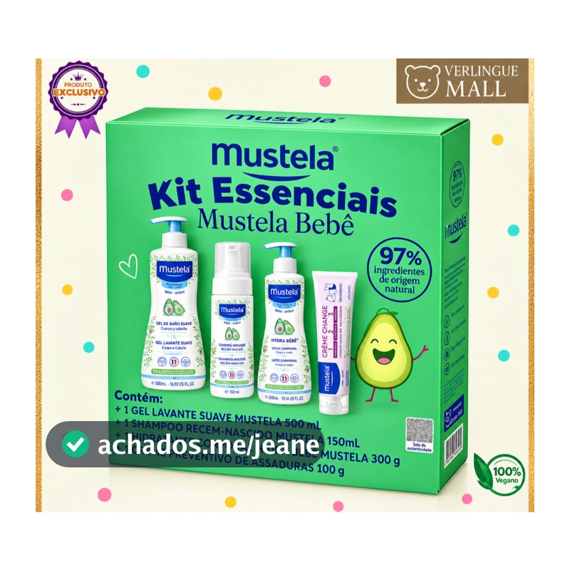 👶 Mustela Kit Essenciais - Gel levatante 500ml,  Shampoo Recem-Nascido 150ml,  Hydra Baby 300m,  Creme Preventivo 108g 🌿