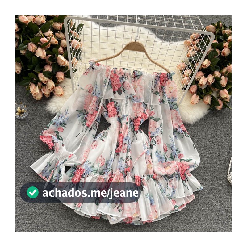 Moda Feminina Vintage Slim Impressão Chiffon Manga Longa Ruffle Hem Jumpsuit Summer One Line Neck Sexy High Waist Wide