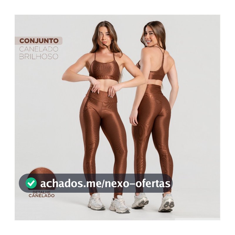 Conjunto Fitness Feminino Trilobal Canelado–Top Alcinha+Legging Cós Alto Modelador Brilhoso Academia