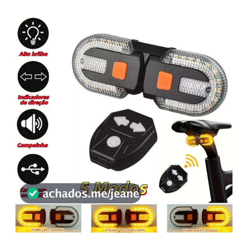 Lanterna Traseira Bike Eletrica com Seta Recarregável e Controle Sem fio USB 38 Leds