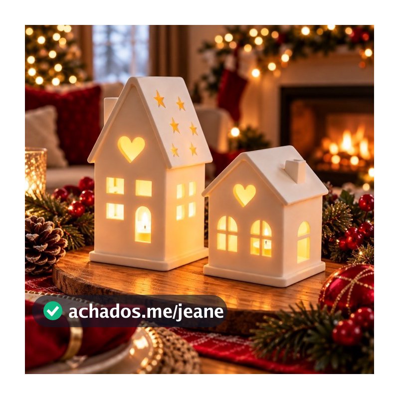 Kit 2 Casinhas de Natal com Luz LED e Vela Inclusa 10 cm e 7 cm Enfeite de Mesa Aparador Vila Natalina