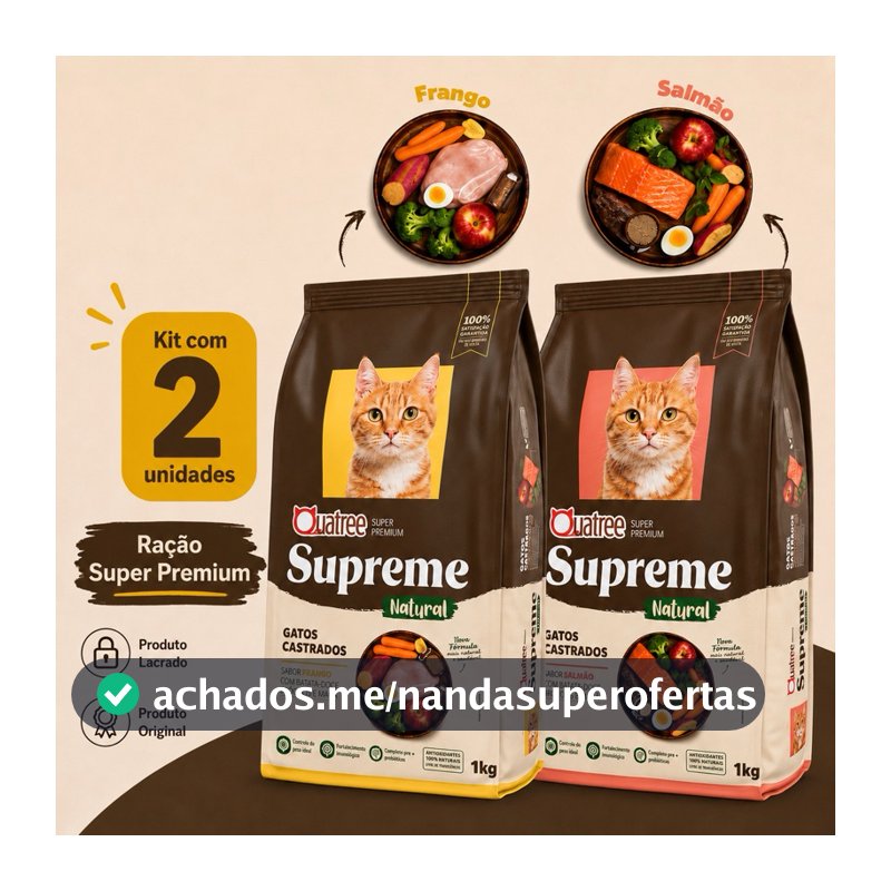 Kit com 2 Ração para Gatos Quatree Supreme Ração Gatos Castrados 1kg  Controle de Pelo Nova Formula