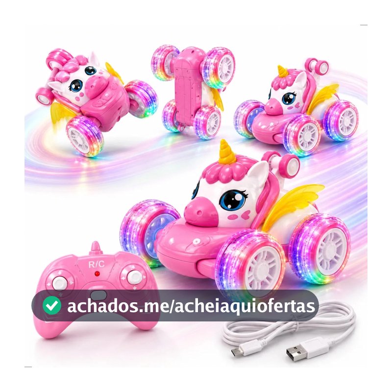 Carrinho de Controle Remoto Unicórnio Recarregável Luzes Coloridas Brinquedo Menina Carro Elétrico Infantil