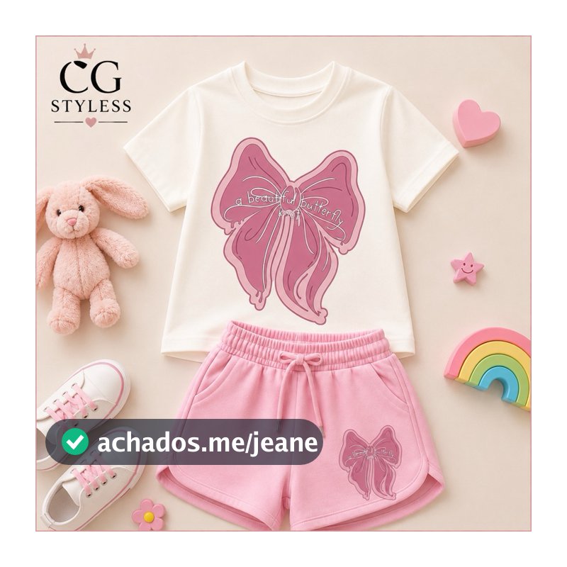 Conjunto Infantil Feminino Camiseta e SHORT MOLETINHO ROSA Laço Rosa Menina Verão Confortável Roupa Infantil 2 ao 16