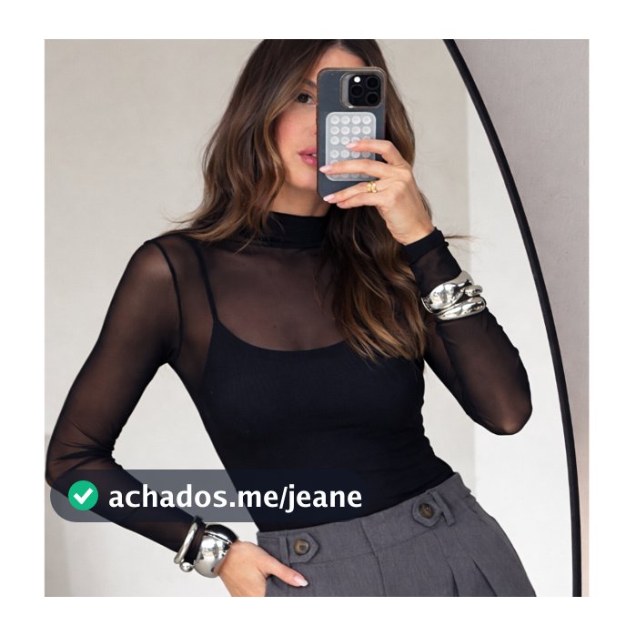 Blusa Tule Fenenina Gola Alta Manga Longa Transparente Tamanhos M,G, Fit Justo