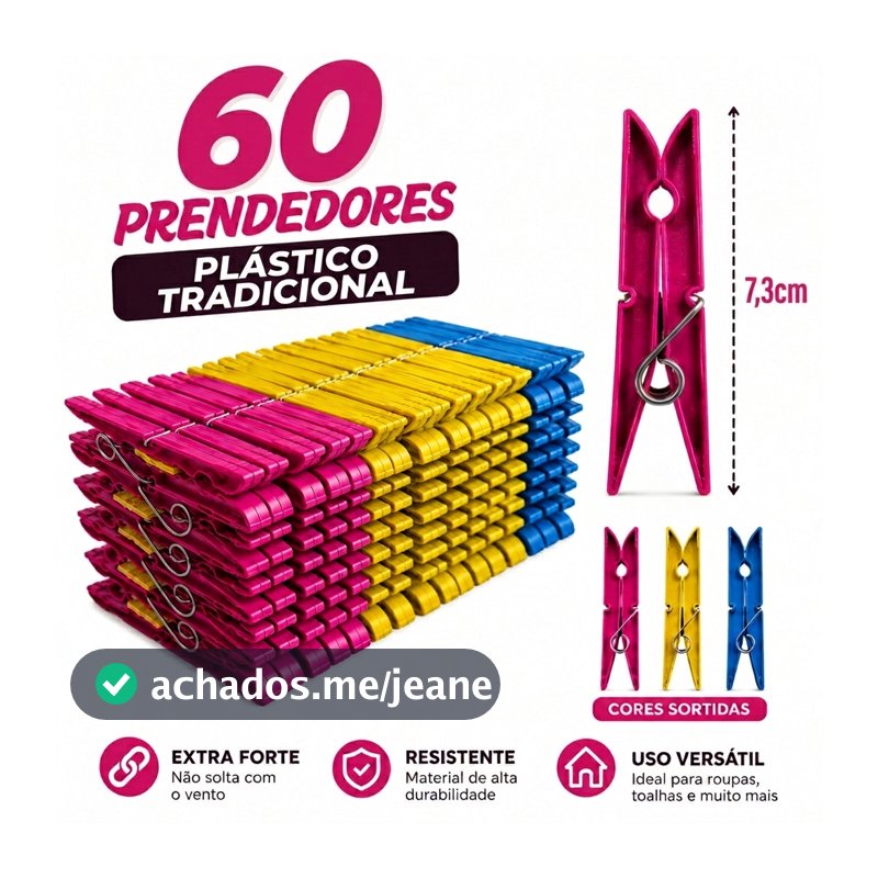 Pregadores de Roupa PLÁSTICO Mega Reforçado - Cores Sortidas Kit com 60 / 48 / 36 / 24 / 12