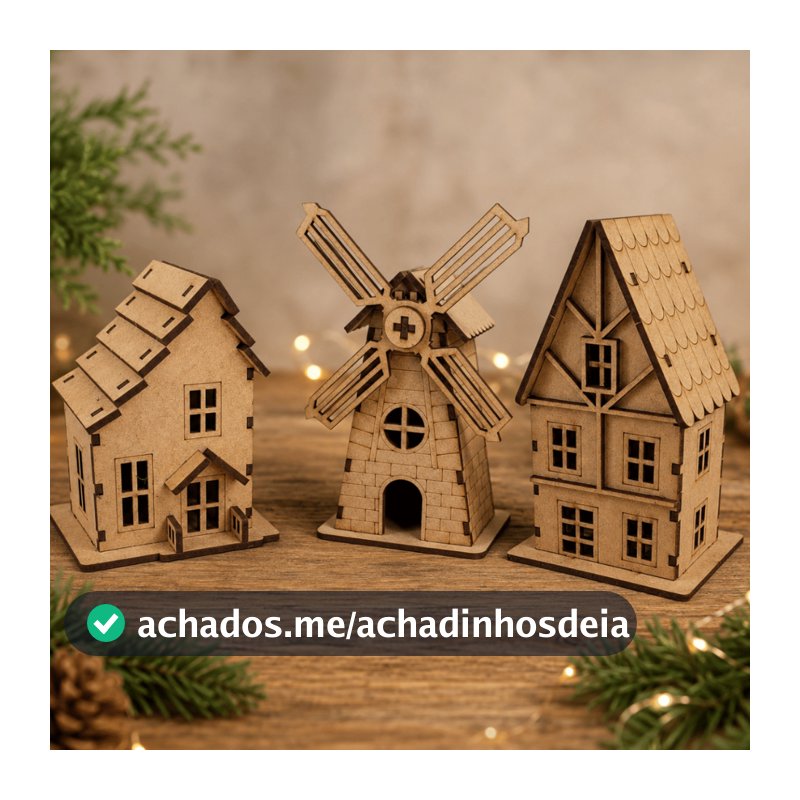 Kit 3 Casinha Em MDF Casa De Vila Com Moinho Decorativo Rústico Para Maquete Enfeite De Natal