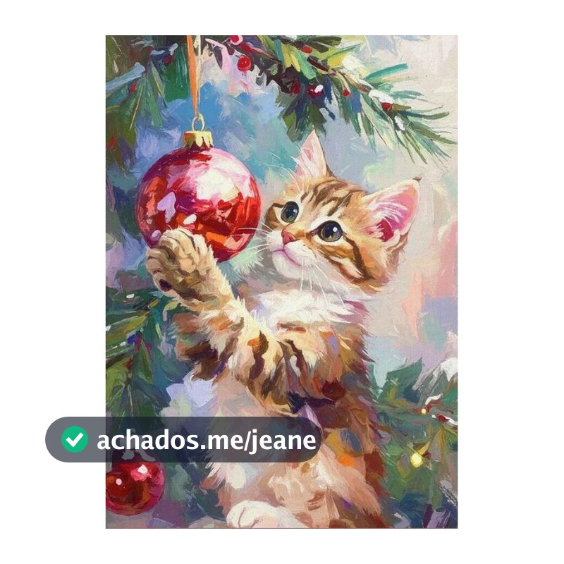 Quadro Decorativo Gatinho Tigrado brincando com a bolinha da árvore de Natal