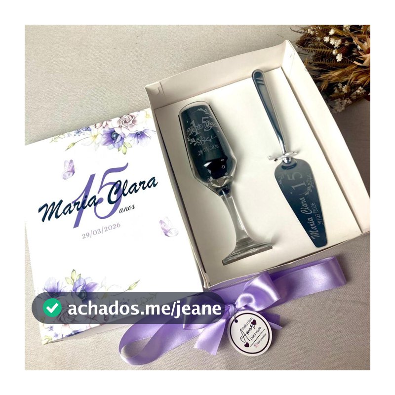 Kit 15 Anos Personalizado | Taça de Espumante + Espátula + Caixa Presente com nome