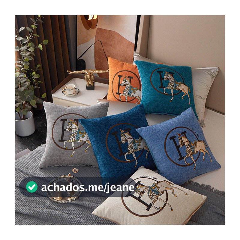 Capa De Almofada 45x45cm Em Chenille Bordado Cavalo Para Sofá Sala De Estar E Cama Decoração Lar
