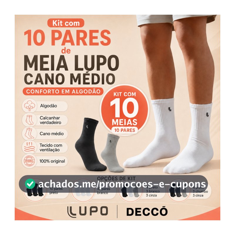 Kit De 10 Pares De Meias Lupo Cano Médio Unissex Em Algodão Tamanho 37 ao 44